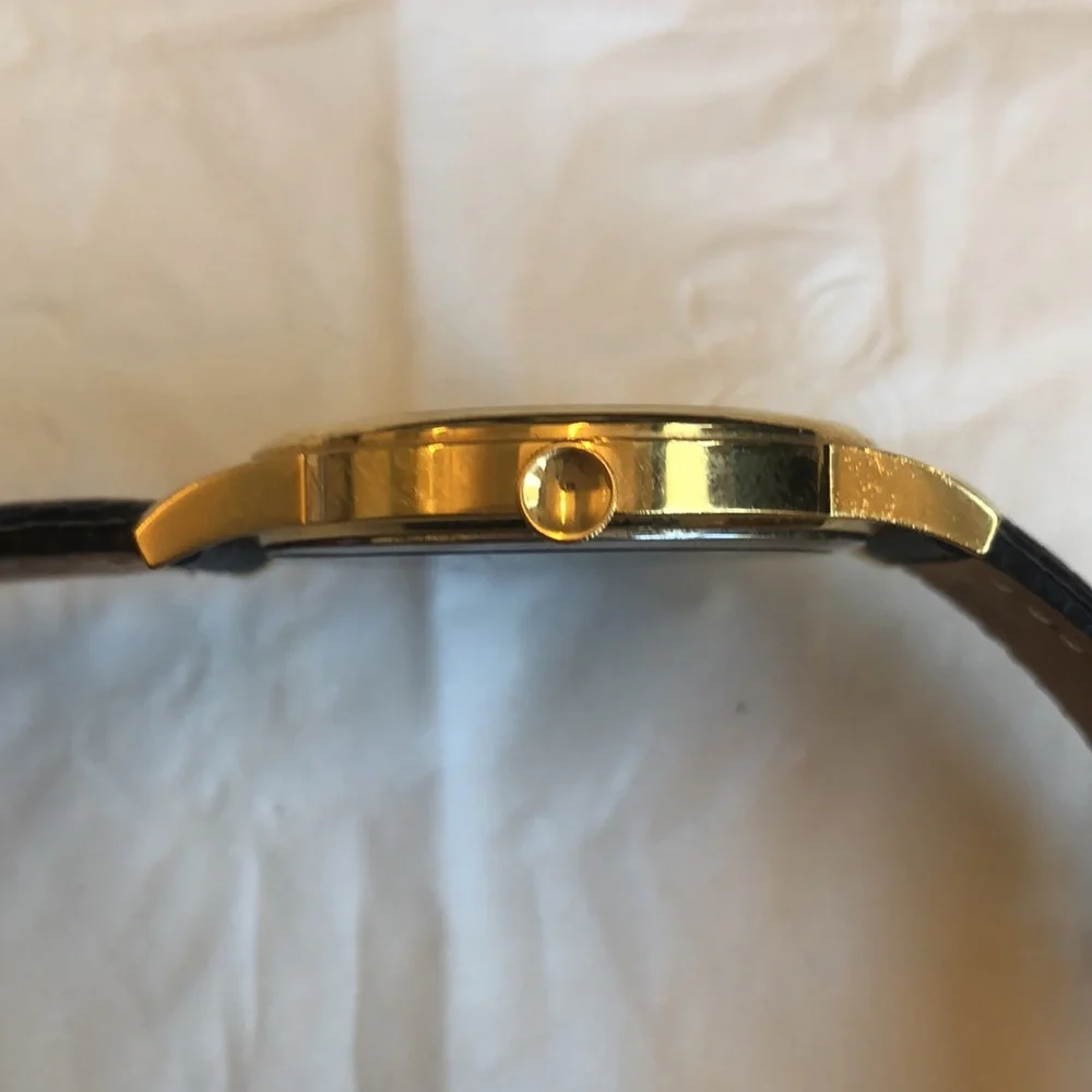 Movado Leather Watch - Grained Black Leather with Gold